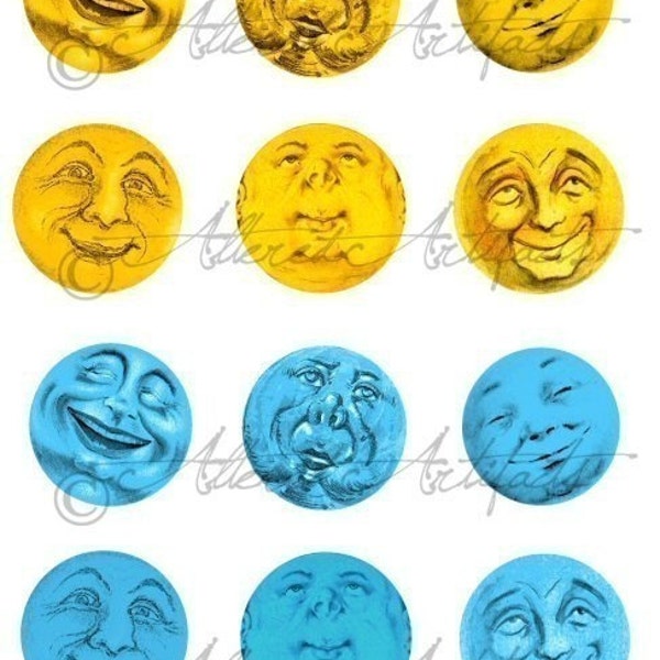 Printable Moon Faces Clip Art Moons Printable Vintage Blue Moon Many Moons Mixed Media ATC Clip Art Digital Collage Sheet Instant Download