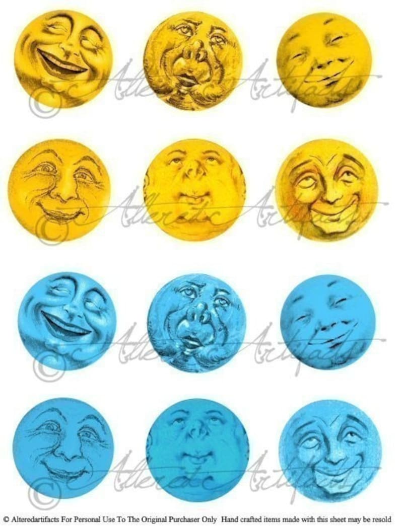 Printable Moon Faces Clip Art Moons Printable Vintage Blue | Etsy