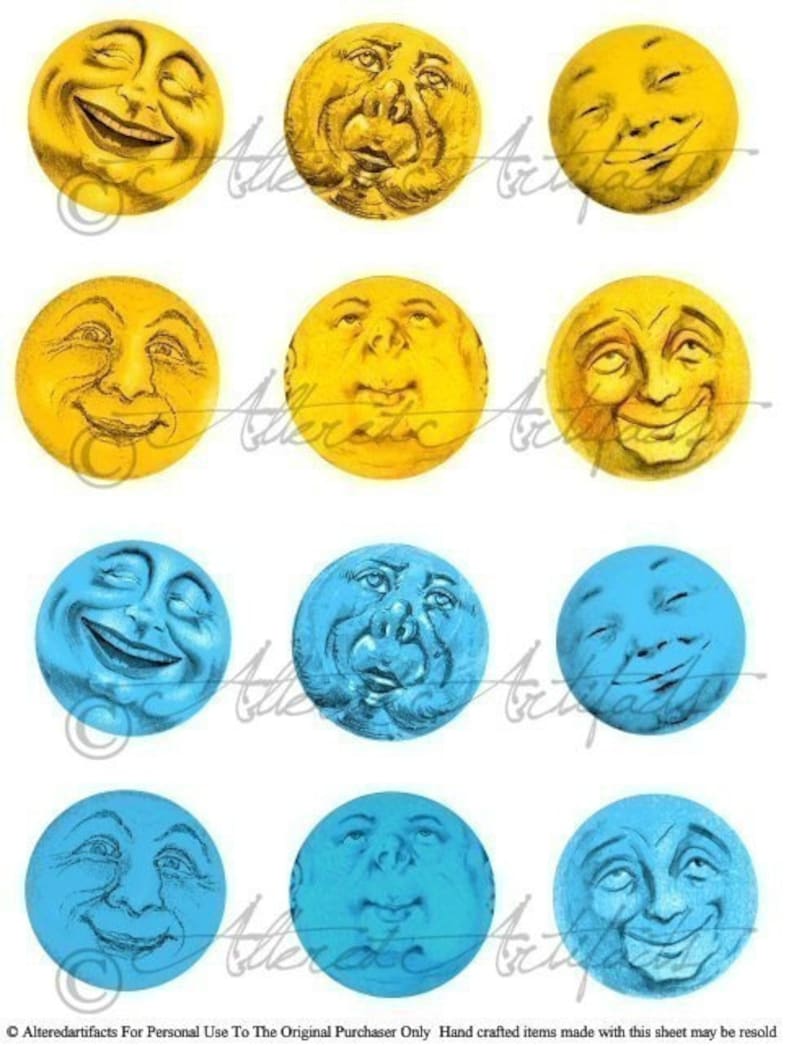 Printable Moon Faces Clip Art Moons Printable Vintage Blue Moon Many Moons Mixed Media ATC Clip Art Digital Collage Sheet Instant Download image 1