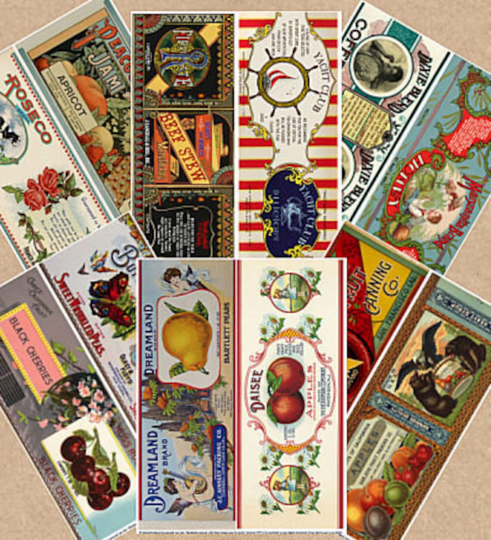 Printable Vintage Tin Can Labels Fruit Coffee Can Tea Honey Jam Beef