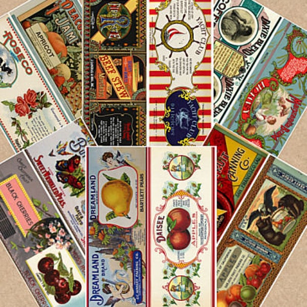 Imprimable vintage Boîte de conserve Étiquettes Fruits Café Can thé Miel Jam Bœuf Ragoût Lait Cuisine Décor Artisanat Téléchargement instantané Collage Feuille