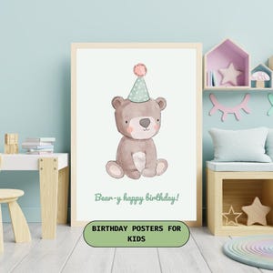 ¡Feliz cumpleaños osito! Póster imprimible / Arte para fiesta de osito de peluche para bebé niño/niña / Descarga instantánea A4 / Decoración de cumpleaños adorable / Arte mural para habitación infantil