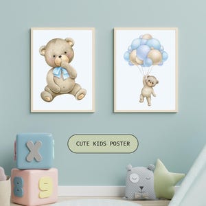 Juego de arte de pared para habitación de bebé con osito de peluche, lazo azul y globos, pósteres imprimibles para habitación de bebé, descarga digital A4, regalo para baby shower, decoración de habitación infantil.