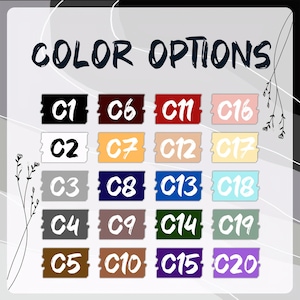 May include: Image displaying color options with the text "COLOR OPTIONS" in a dark blue font. Twenty color swatches are arranged in rows and columns, each labeled with a "C" followed by a number. The swatches are in various colors, including black, white, brown, and blue.