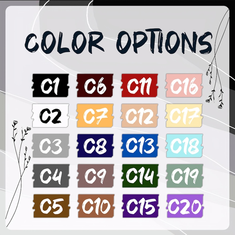 May include: Image displaying color options with the text "COLOR OPTIONS" in a dark blue font. Twenty color swatches are arranged in rows and columns, each labeled with a "C" followed by a number. The swatches are in various colors, including black, white, brown, and blue.