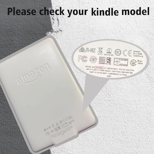 May include: A white Amazon Kindle device with the Amazon logo. The text "Please check your kindle model" is at the top. A close-up shows model information, including "MODEL NO DP7SSD" and "WIFI".