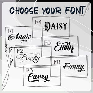 May include: A graphic with the text "CHOOSE YOUR FONT" in a dark blue script. Below are six name options: Angie, Becky, Carey, Daisy, Emily, and Fanny, each in a different font style, labeled F1 through F6.