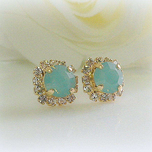 Mint Crystal Swarovski post earrings, Crystal stud earring, Bridesmaid gift,14K gold