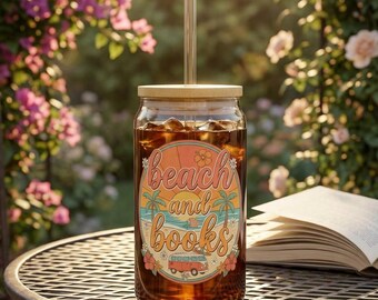 Vaso con diseño de libros y arena de playa / Regalo veraniego para amantes de la lectura / Vaso para café helado de 473 ml (16 oz)