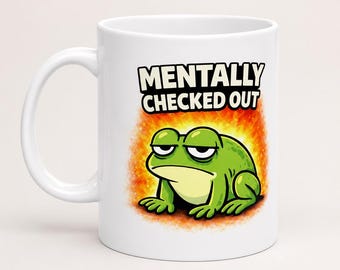 Taza con la imagen de una rana desconectada mentalmente • Taza divertida para el agotamiento • Taza con el meme de la rana cansada • Regalo para introvertidos • Taza con humor laboral