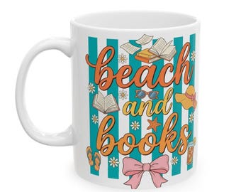 Taza de playa y libros • Taza para amantes de los libros • Taza de lectura de verano • Regalo para lectores de playa • Bonita taza de café con temática literaria