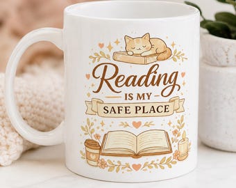 Taza "Leer es mi refugio" • Regalo para amantes de los libros • Taza de café "Lector acogedor" • Taza con gato leyendo • Regalo para bibliófilos