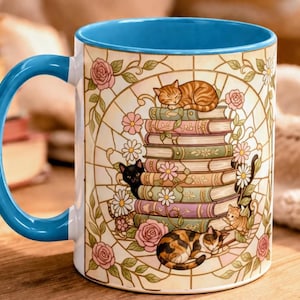 Cozy Cat Book Mug • Cat Lover Gift • Book Lover Mug • Reading Coffee Cup • Floral Cat Mom Mug