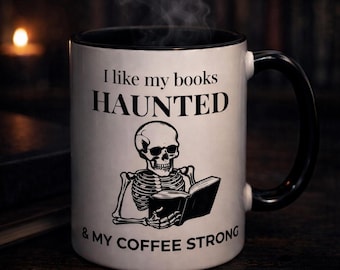 Skeleton Reading Book Mug • Haunted Book Lover Gift • Spooky Halloween Coffee Cup • Gothic Bookworm Mug • Strong Coffee Lover