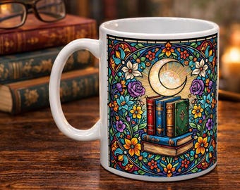 Taza personalizada para amantes de los libros • Arte floral de biblioteca en vidrieras • Nombre del lector personalizado • Agradecimiento a los profesores bibliófilos