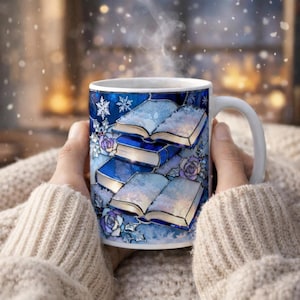Mok winterboekstapel • Mok boekenliefhebber • Lezercadeau • Mok gebrandschilderd glas namaak • Schoolistische koffiemok • Bibliothecariscadeau