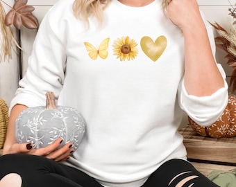 Sonnenblume Schmetterling Sweatshirt mit Rundhalsausschnitt: Cottagecore Floral Pullover