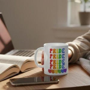 Puede incluir: Taza de cer&aacute;mica blanca con la palabra "PRIDE" en colores arco&iacute;ris repetida verticalmente. La taza est&aacute; sobre una superficie de madera junto a un libro y un smartphone. La taza tiene un asa blanca.