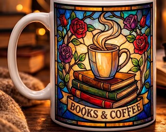 Taza de libros y café • Taza personalizada para amantes de los libros • Taza de café con vitral • Regalo para lectores • Taza con nombre personalizado