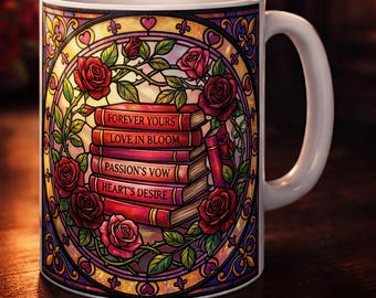 Taza personalizada para amantes de los libros • Taza de café con rosa de vidriera • Taza con nombre personalizado • Regalo para lectores • Taza para ratones de biblioteca • Taza con estética de biblioteca