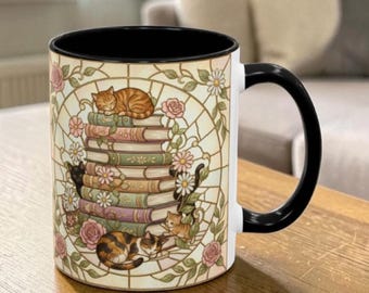 Taza con diseño de vidrieras • Taza de café con arte floral • Taza estilo cottagecore • Taza de estilo vintage • Regalo acogedor con estilo