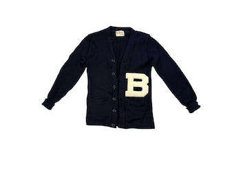 1950's Stadium Varsity Sweater-B Chenille Patch-Shaker Sweater Co. Wool Navy