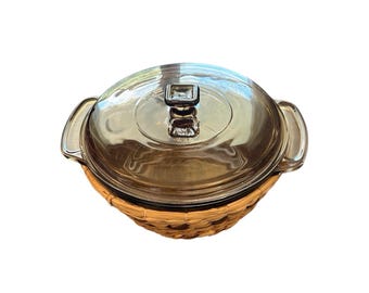 Plat à gratin Anchor, verre ambré brun 1,5 pte avec couvercle, rond USA 1037