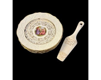 6 Vtg Adam Antique Steubenville 22K Assiettes En Porcelaine Garniture & Desserte Angelica Kauffman