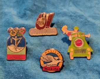 4 Vintage Emaille Pins, Franzosen, Werbung, Olympiade, Coca Cola, Orangina.