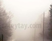 Fog Print, Beige, Brown, Rustic Wall Decor, Country Road, White, Winter Art, Nature Photography, Rustic Wall Art