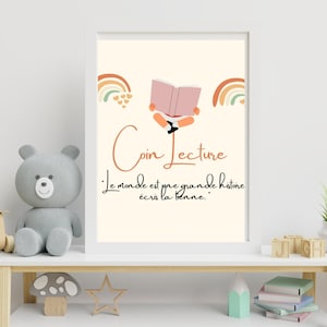 Cartel rincón de lectura infantil con frase positiva en francés, póster formato A4 para descargar e imprimir
