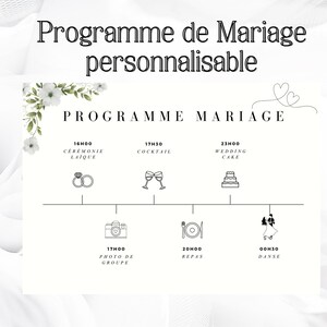 Carte Programme de la journée de mariage personnalisable minimaliste en français, pdf à télécharger avec lien vers le modèle