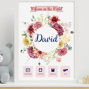 Póster de nacimiento personalizado, estampado floral con nombre, fecha, peso y hora de nacimiento para una hermosa decoración de pared de la habitación del bebé.