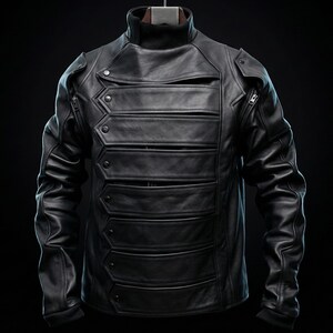 May include: A black leather jacket with a high collar and multiple horizontal panels across the chest. The jacket features a series of decorative buttons and zippers, with a tailored fit. The sleeves are long and fitted, and the jacket is displayed against a dark background.