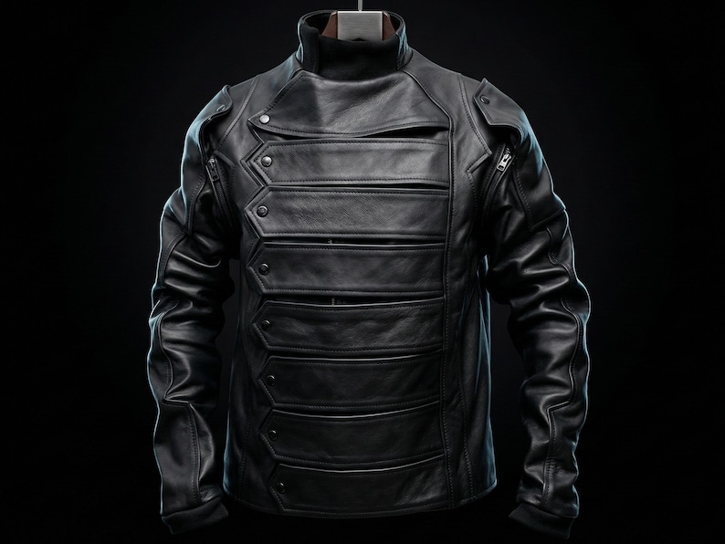 May include: A black leather jacket with a high collar and multiple horizontal panels across the chest. The jacket features a series of decorative buttons and zippers, with a tailored fit. The sleeves are long and fitted, and the jacket is displayed against a dark background.