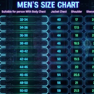 May include: A size chart for jackets, with the title "MEN'S SIZE CHART" in white letters. The chart lists sizes from 2XS to 5XL, with corresponding chest, jacket chest, shoulder, and sleeve length measurements in inches.