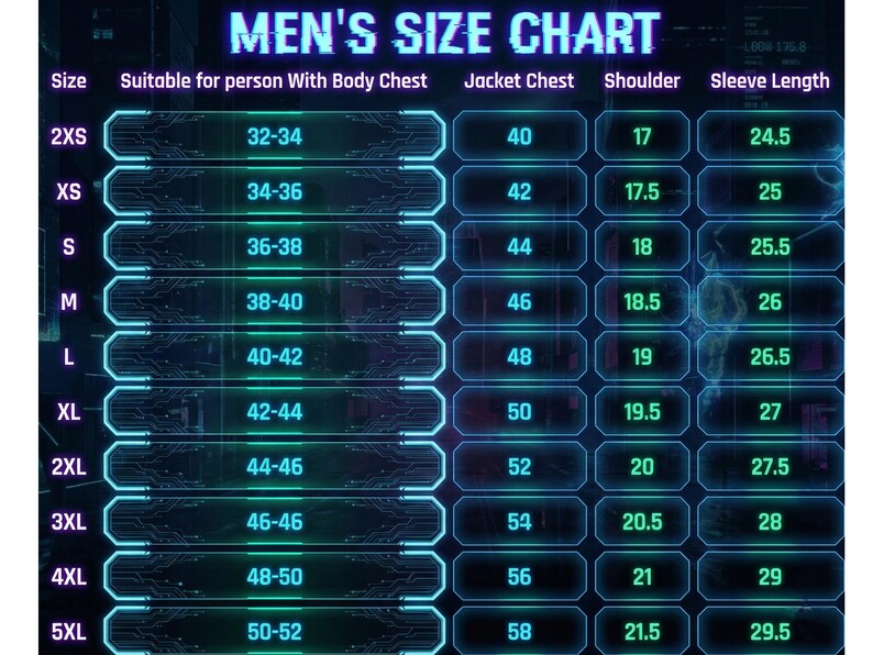 May include: A size chart for jackets, with the title "MEN'S SIZE CHART" in white letters. The chart lists sizes from 2XS to 5XL, with corresponding chest, jacket chest, shoulder, and sleeve length measurements in inches.