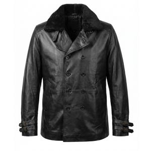May include: A black leather jacket with a double-breasted design. It has a faux fur collar, button closures, and buckle details on the sleeves. A classic outerwear garment.