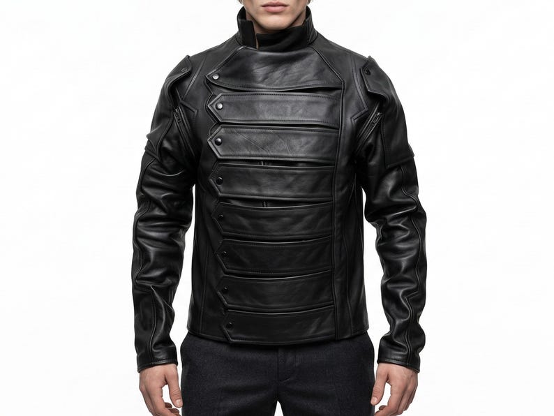 Captain America Winter Soldier Bucky Barnes Leather Jacket, Black Cosplay Jacket With Removable Arms image 3