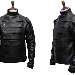 Captain America Winter Soldier Bucky Barnes Leather Jacket, Black Cosplay Jacket With Removable Arms image 5