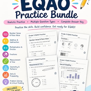 May include: A Grade 3 EQAO Practice Bundle educational resource featuring multiple worksheets covering number sense, fractions, measurement, and data. The document includes a yellow pencil graphic, colorful subject icons, and a printable PDF label.