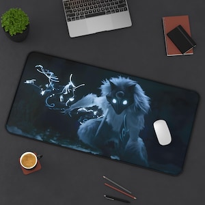 May include: A black and blue gaming mouse pad with a white wolf wearing a mask with glowing eyes. The wolf is surrounded by white lines and is in a dark forest setting.