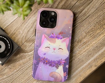Funda para iPhone con diseño de gato kawaii, diseño de gato de dibujos animados, acabado brillante, carga inalámbrica, ideal como regalo para amantes de los gatos.
