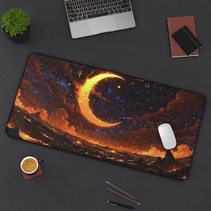 May include: A rectangular mouse pad featuring a vibrant celestial design. The artwork depicts a glowing crescent moon against a backdrop of fiery orange clouds, stars, and a dark night sky. A white mouse rests on the pad.