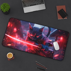Cute Ninja Cat Deskmat | Kawaii Gaming Mousepad | Aesthetic PC Mat | Non-Slip Durable Large Pad for Gamers | Custom Office Decor Gift