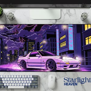 May include: A purple and white mousepad featuring a stylized illustration of a white sports car driving through a city at night. The background depicts buildings and neon signs in purple hues. The text "Starlight HEAVEN" is at the bottom.