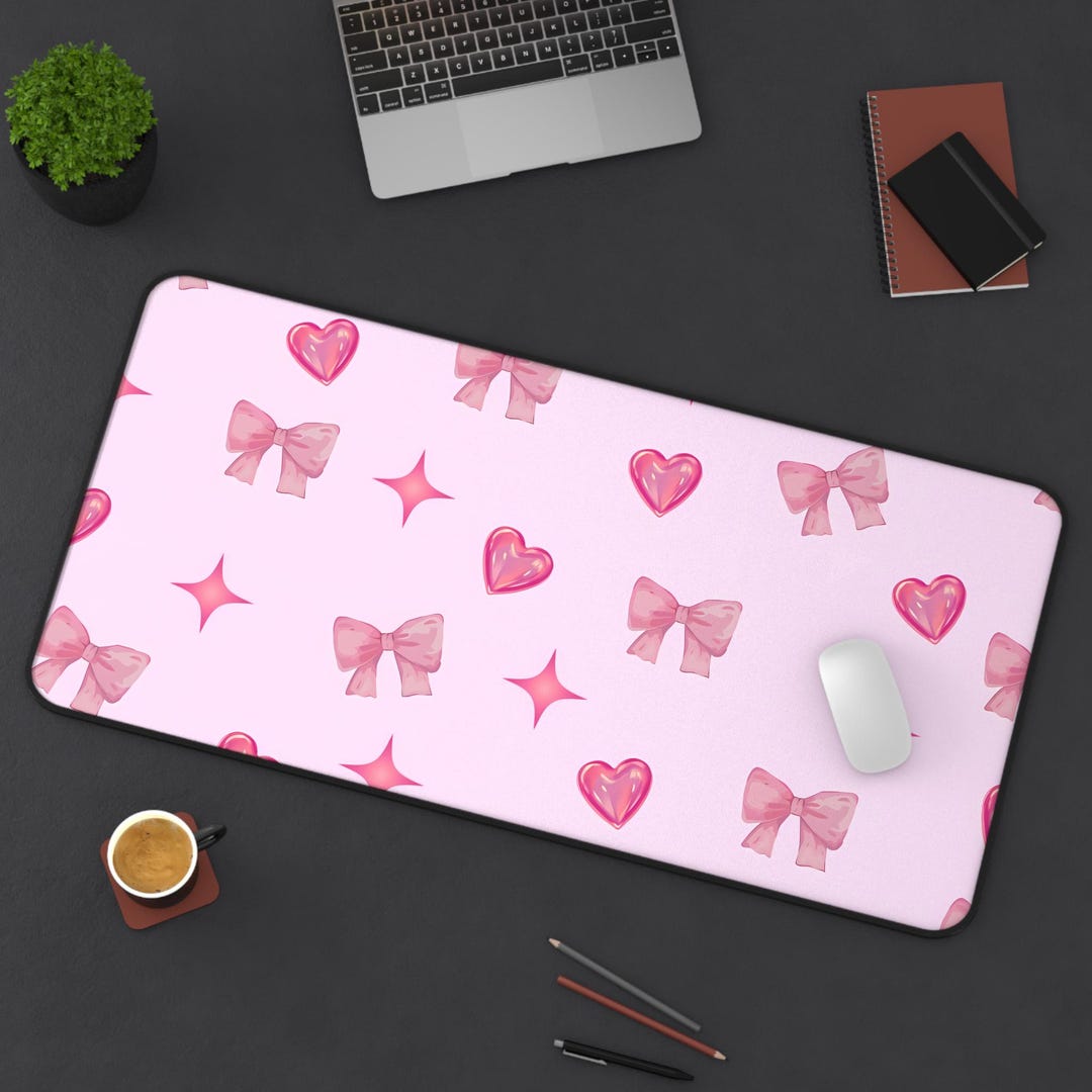 Pink Love Computer Mat Pink Ribbon Desk Mat - Cute Kawaii Gaming Pad, Pastel Mousepad, Large ...