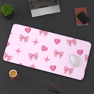Pink Ribbon Desk Mat | Cute Kawaii Gaming Pad | Pastel Mousepad | Large PC Mat | Non-Slip | Durable | Gamer Gift | Girly Decor