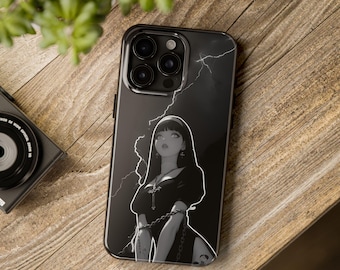 Funda para teléfono con diseño de chica anime en blanco y negro: estética kawaii, diseño artístico brillante, protección de TPU y carga inalámbrica.