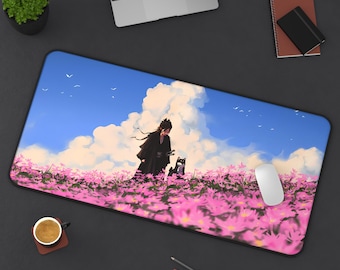 Japanese Anime Samurai Mousepad - Cute Dog Sakura Desk Mat, Aesthetic Gaming Mouse Pad, Otaku Desk Decor, Japanese Art Gift, Kawaii